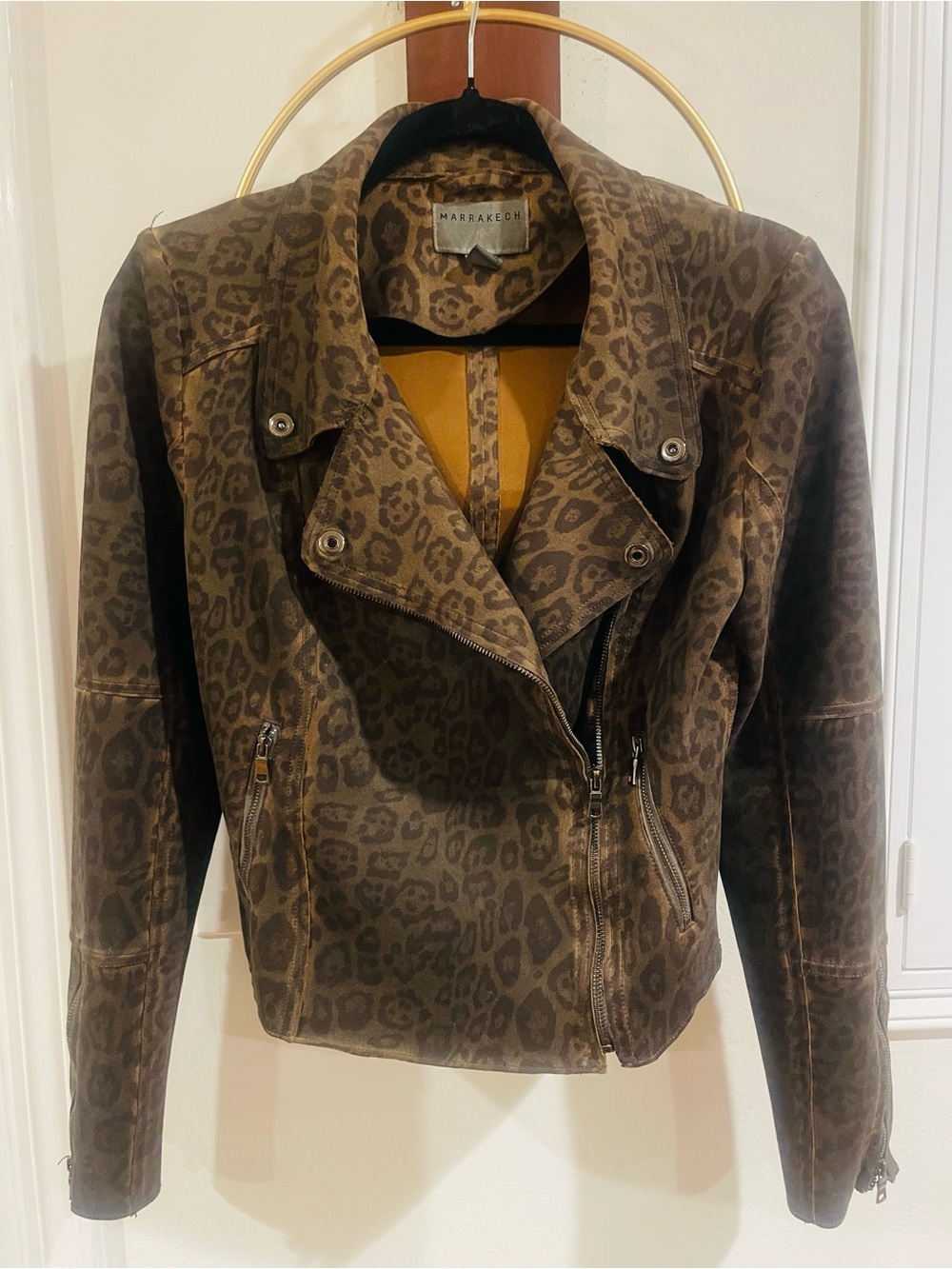 Brown Leopard-Print Vegan Suede Moto Jacket